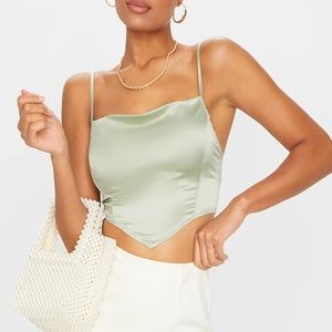 Sage Satin Cowl Neck Crop Top
